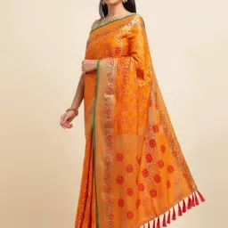FABMORA Orange Woven Saree With Unstitched Blouse image 3