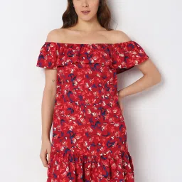Vero Moda Red & Blue Floral Print A Line Dress image 1