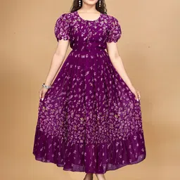 QENA Floral Print Tie-Up Neck Puff Sleeve Georgette Maxi Midi Dress-picture-18