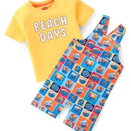 Babyhug 100% Cotton Knit Dungaree & Half Sleeves T-Shirt Set With Beach Theme Print - Multicolour-picture-35