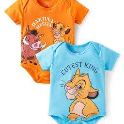 Babyhug Disney Interlock Knit Half Sleeves Onesies with The Lion King Print Pack of 2 - Light Blue & Orange-picture-13