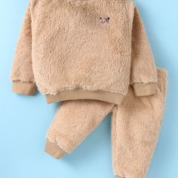 Little Kangaroos Fur Knit Full Sleeves Winter Wear Co-Ord Set With Bear Embroidery Detail - Light Brown-picture-25