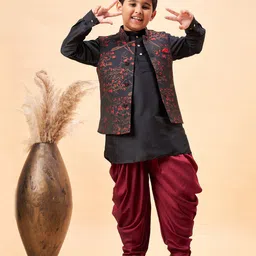 Vastramay Silk Full Sleeves Solid Kurta & Dhoti With Floral Printed Nehru Jacket Set - Black & Maroon-picture-17