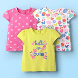 Babyhug Cotton Knit Cap Sleeves T-Shirts with Floral & Text Print Pack of 3 - Pink Light Green & White-picture-12