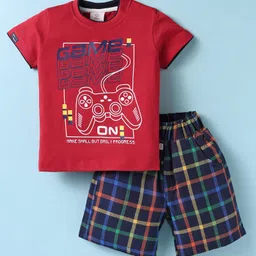 Mini Donuts Cotton Knit Half Sleeves T-Shirt & Shorts Set With Checks & Game Theme Print - Red & Black-picture-10
