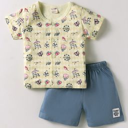 CUCUMBER Sinker Knit Half Sleeves Shorts Night Suit with Circus Theme Print - Cream-picture-18
