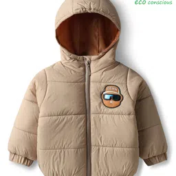 Babyoye Woven Full Sleeves Padded Hooded Jacket With Patch - Light Brown-picture-13