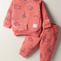 Zero Interlock Knit Full Sleeves Co-Ord Night Suit with Space Ship Print - Coral-picture-24