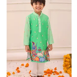 KID1 Silk Woven Janmashtami Theme Full Sleeves Lord Krishna Printed Kurta Pyjama Set - Green-picture-25