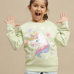 Kidsville Knit Full Sleeves Unicorn Sequin Embellished Light Winter Sweatshirt - Green-image-5