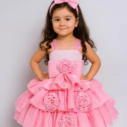 TINY MINY MEE Elastane Woven Sleeveless Floral & Bow Applique Detailed Layered Dress - Pink-image-99