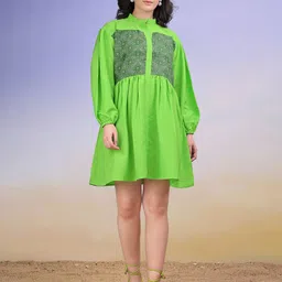 PURVAJA Women Ethnic Motifs Printed Puff Sleeve Above Knee Cotton Shirt Dress image 2