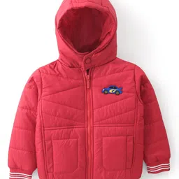 Babyhug Woven Full Sleeves Jacket With Hood & Car Applique - Red image 2