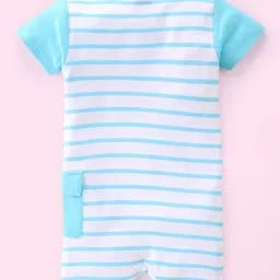 Babyhug 100% Cotton Knit Half Sleeves Striped Romper with Lion Print - Blue image 2
