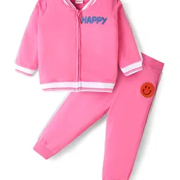Babyhug Terry Knit Full Sleeves Text Print Zipper Jacket & Jogger Set - Pink image 2