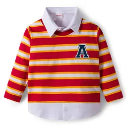 Babyhug Terry Knit Full Sleeves T-Shirt and Joggers Set With Stripes - Red & Blue image 2