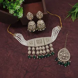 House of Pataudi Gold-Plated Kundan-Studded & Beaded Jewellery Set-picture-32