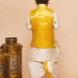 AJ Dezines Kids Beige & Yellow Self Design Full Sleeves Kurta, Dhoti with Waistcoat image 2