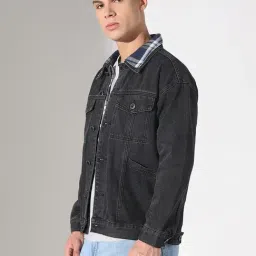 SHOWOFFFF Black Denim Solid Regular Fit Jacket image 4