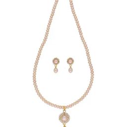 Sri Jagdamba Pearls Qushi Peach & Golden Alloy Necklace & Earring Set-picture-32