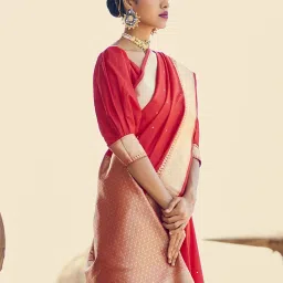 Satrani Red Silk Woven Saree With Unstitched Blouse image 2