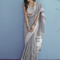 Satrani Grey & White Cotton Woven Saree With Unstitched Blouse image 2