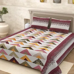 Aura White & Purple Ethnic Motifs 210 TC Queen Bedsheet with 2 Pillow Covers image 1