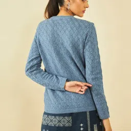 Soch Blue Acrylic Patterned Knit V-Neck Cardigan with Ribbed Hems image 2