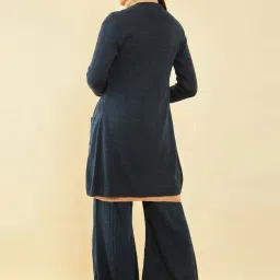 Soch Navy Blue Acrylic Pointelle Knit Open-Front Longline Shrug with Pockets image 2