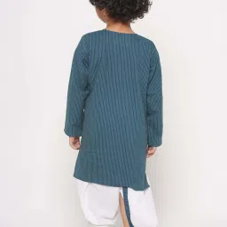 Little Bansi Kids Teal Blue & White Cotton Self Pattern Full Sleeves Kurta Set image 2