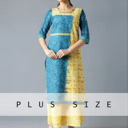 Aurelia Blue & Yellow Cotton Printed Straight Kurta image 1
