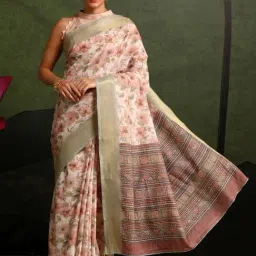 Saree Mall Beige Floral Print Saree With Unstitched Blouse-image-83