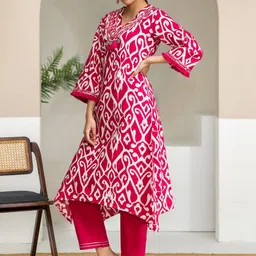 all about you Women Ethnic Motifs Printed Regular Thread Work Pure Cotton Kurta with Trousers image 3
