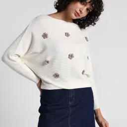 SHOWOFFFF Women's Off White Textured Knit Top with Flower Applique Detail image 3