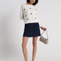 SHOWOFFFF Women's Off White Textured Knit Top with Flower Applique Detail image 5