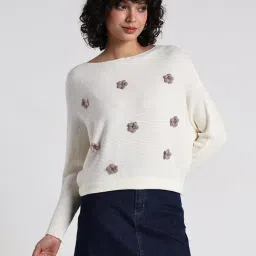 SHOWOFFFF Women's Off White Textured Knit Top with Flower Applique Detail-image-93