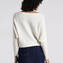 SHOWOFFFF Women's Off White Textured Knit Top with Flower Applique Detail image 2