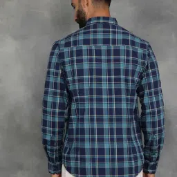 Greenfibre Blue Cotton Slim Fit Checked Shirt image 4