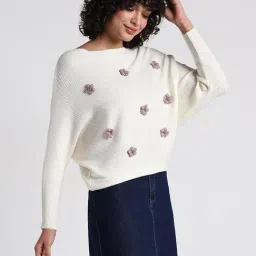 SHOWOFFFF Women's Off White Textured Knit Top with Flower Applique Detail image 4
