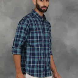 Greenfibre Blue Cotton Slim Fit Checked Shirt image 3