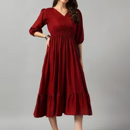 Raiyani Fashion V-Neck Puff Sleeve Fit & Flare Midi Dress-image-48