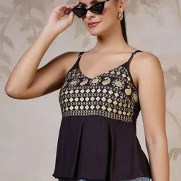KEIYONA Women's Ethnic Motifs Printed Shoulder Strap Peplum Top-picture-23