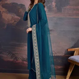 House of Pataudi Floral Embroidered Georgette Straight Kurta With Trousers & Dupatta image 5