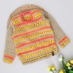 woonie Handmade Full Sleeves Abstract Detailed Striped Crochet Sweater - Beige-picture-20