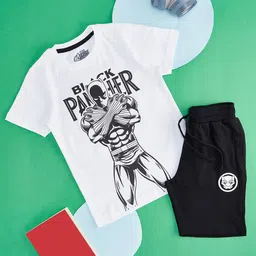 Pantaloons Junior Marvel Featuring Half Sleeves Black Panther Printed Tee & Shorts Set - White-picture-13