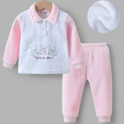 Kookie Kids Full Sleeves Winter Wear T-Shirt & Lounge Pant Set with Bear Patch - Pink-picture-25