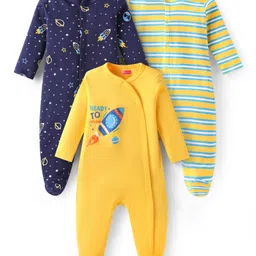 Babyhug Cotton Knit Full Sleeves Sleep Suits With Space Theme Print Pack of 3 - Yellow Navy Blue & Green-picture-16