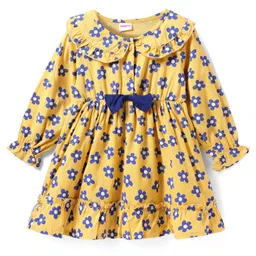 Babyhug Viscose Woven Full Sleeves Floral Printed Frock with Peter Pan Collar & Bow Detailing - Yellow-picture-17