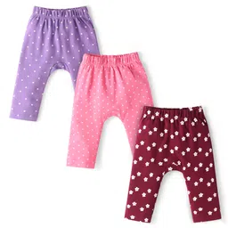 Babyhug Cotton Knit Full Length Diaper Leggings with Floral Print & Polka Dots Pack of 3 - Pink Brown & Lavender-picture-21