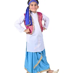 Itsmycostume Cotton Blend Full Sleeves Lace Embellished & Ethnic Foil Printed Punjabi Folk Dance Costume Set - White & Blue-picture-19